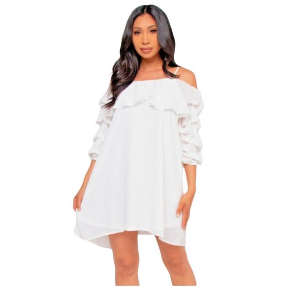 NEW MINI DRESS Sizes S-M &L WHITE RUFFLE SLEEVES - Picture 2 of 4